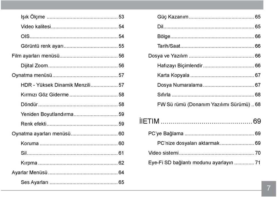 .. 64 Ses Ayarları... 65 Güç Kazanım... 65 Dil... 65 Bölge... 66 Tarih/Saat... 66 Dosya ve Yazılım... 66 Hafızayı Biçimlendir... 66 Karta Kopyala... 67 Dosya Numaralama.