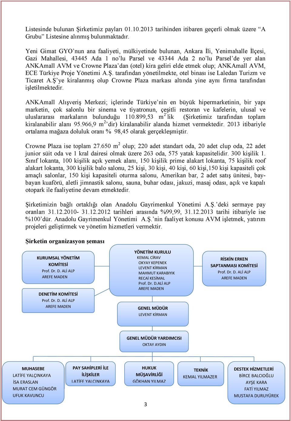 dan (otel) kira geliri elde etmek olup; ANKAmall AVM, ECE Türkiye Proje Yönetimi A.Ş. tarafından yönetilmekte, otel binası ise Laledan Turizm ve Ticaret A.