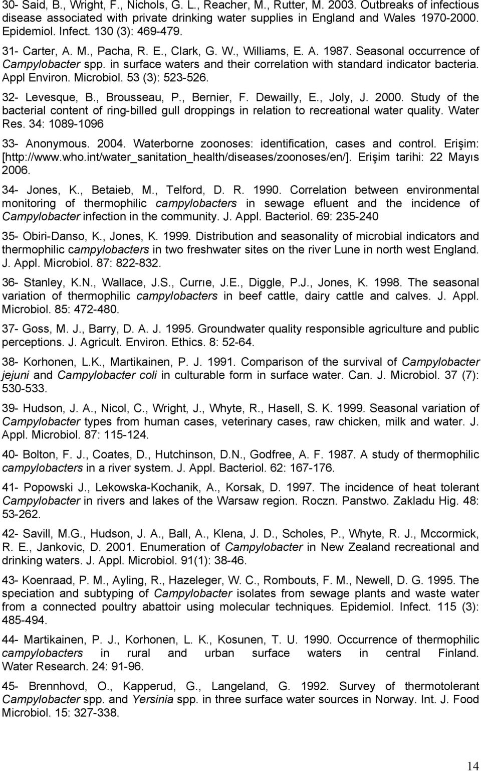 in surface waters and their correlation with standard indicator bacteria. Appl Environ. Microbiol. 53 (3): 523-526. 32- Levesque, B., Brousseau, P., Bernier, F. Dewailly, E., Joly, J. 2000.