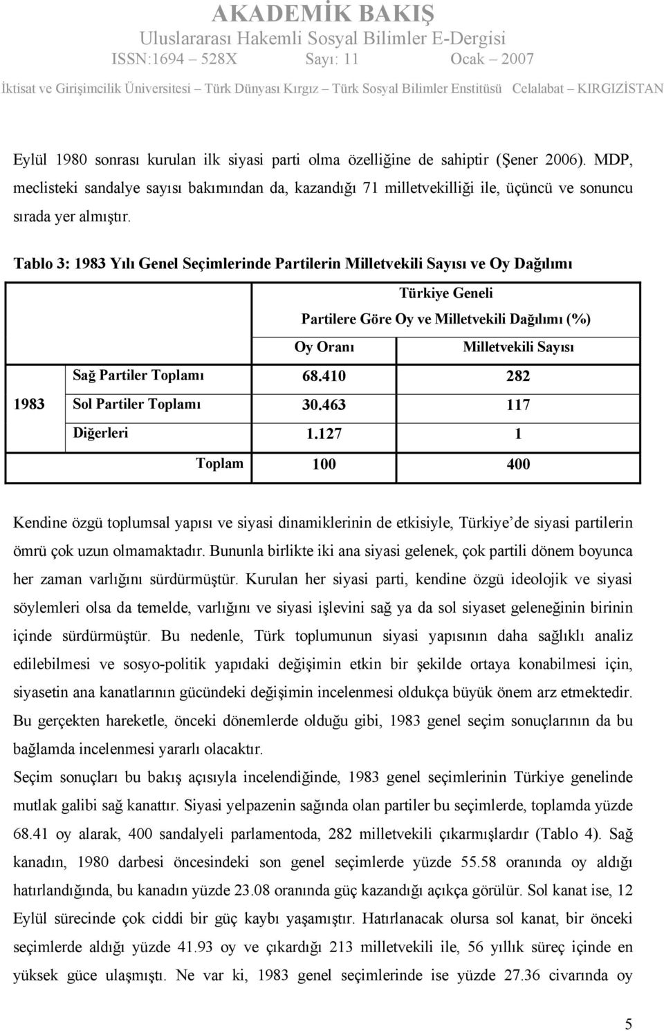 Tablo 3: 1983 Yılı Genel Seçimlerinde Partilerin Milletvekili Sayısı ve Oy Dağılımı 1983 Türkiye Geneli Partilere Göre Oy ve Milletvekili Dağılımı (%) Oy Oranı Milletvekili Sayısı Sağ Partiler
