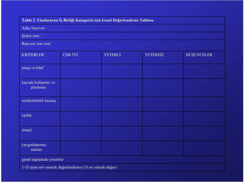 Şirket ismi : Başvuru nun ismi KRİTERLER ÇOK İYİ YETERLİ YETERSİZ DÜŞÜNCELER amaç ve