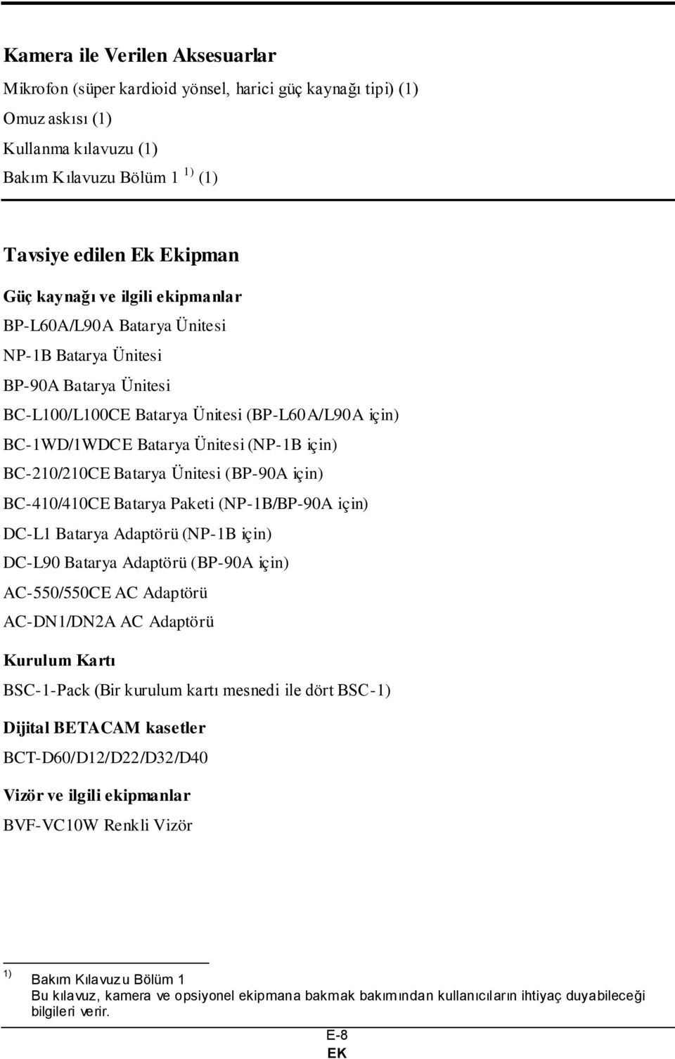 BC-210/210CE Batarya Ünitesi (BP-90A için) BC-410/410CE Batarya Paketi (NP-1B/BP-90A için) DC-L1 Batarya Adaptörü (NP-1B için) DC-L90 Batarya Adaptörü (BP-90A için) AC-550/550CE AC Adaptörü