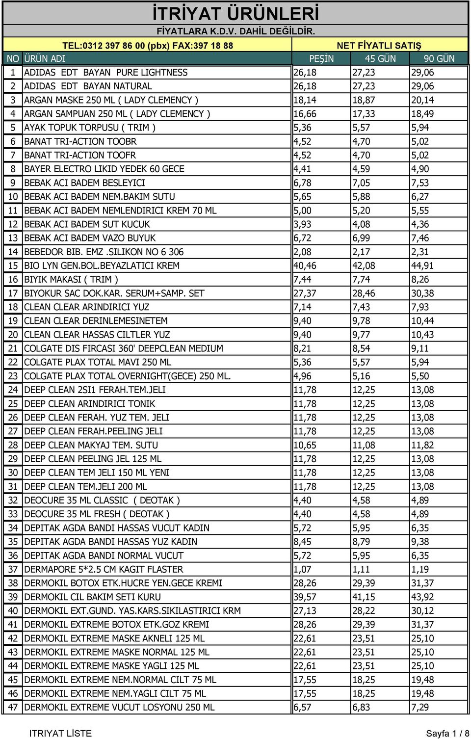 18,87 20,14 4 ARGAN SAMPUAN 250 ML ( LADY CLEMENCY ) 16,66 17,33 18,49 5 AYAK TOPUK TORPUSU ( TRIM ) 5,36 5,57 5,94 6 BANAT TRI-ACTION TOOBR 4,52 4,70 5,02 7 BANAT TRI-ACTION TOOFR 4,52 4,70 5,02 8