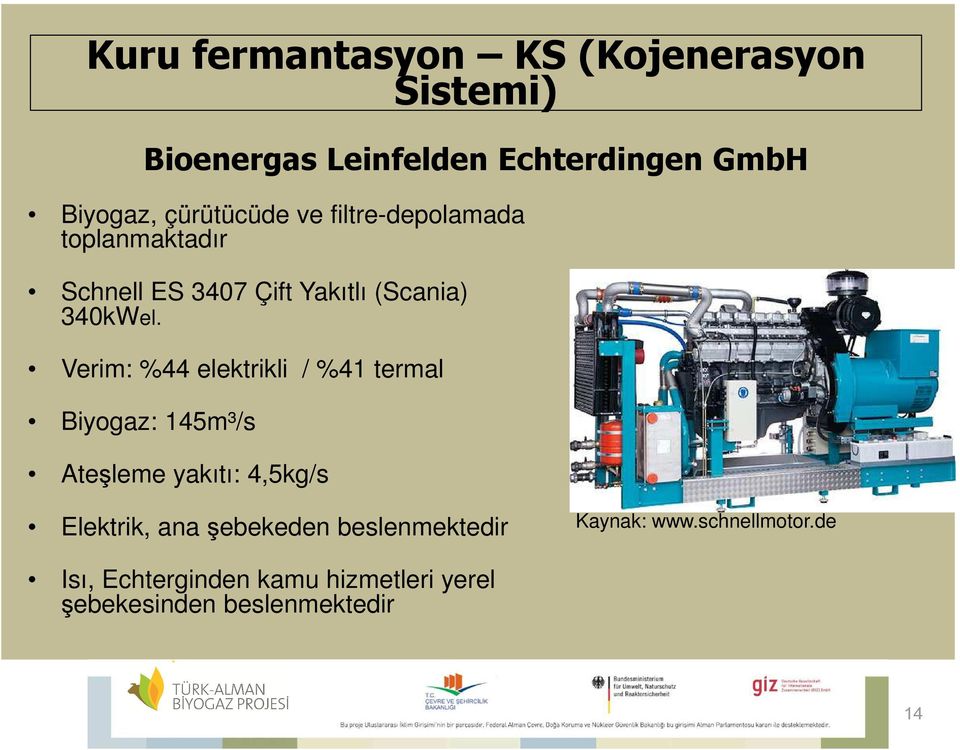 Verim: %44 elektrikli / %41 termal Biyogaz: 145m³/s Ateşleme yakıtı: 4,5kg/s Elektrik, ana şebekeden