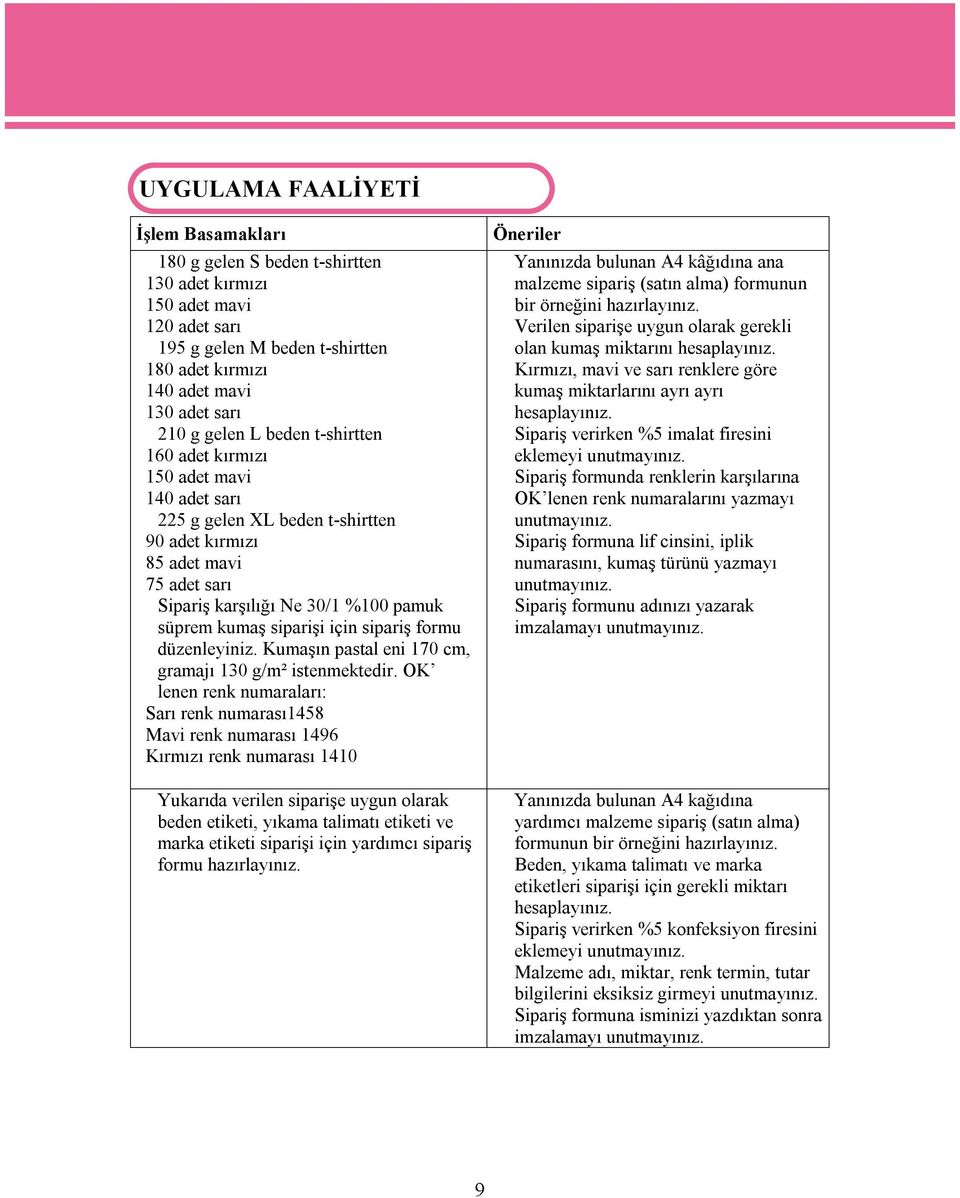 süprem kumaş siparişi için sipariş formu düzenleyiniz. Kumaşın pastal eni 170 cm, gramajı 130 g/m² istenmektedir.