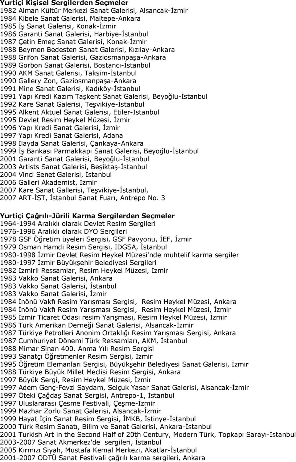 Bostancı-İstanbul 1990 AKM Sanat Galerisi, Taksim-İstanbul 1990 Gallery Zon, Gaziosmanpaşa-Ankara 1991 Mine Sanat Galerisi, Kadıköy-İstanbul 1991 Yapı Kredi Kazım Taşkent Sanat Galerisi,