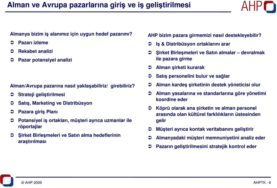 Strateji geliştirilmesi Satış, Marketing ve Distribüsyon Pazara giriş Planı Potansiyel iş ortakları, müşteri ayrıca uzmanlar ile röportajlar Şirket Birleşmeleri ve Satın alma hedeflerinin