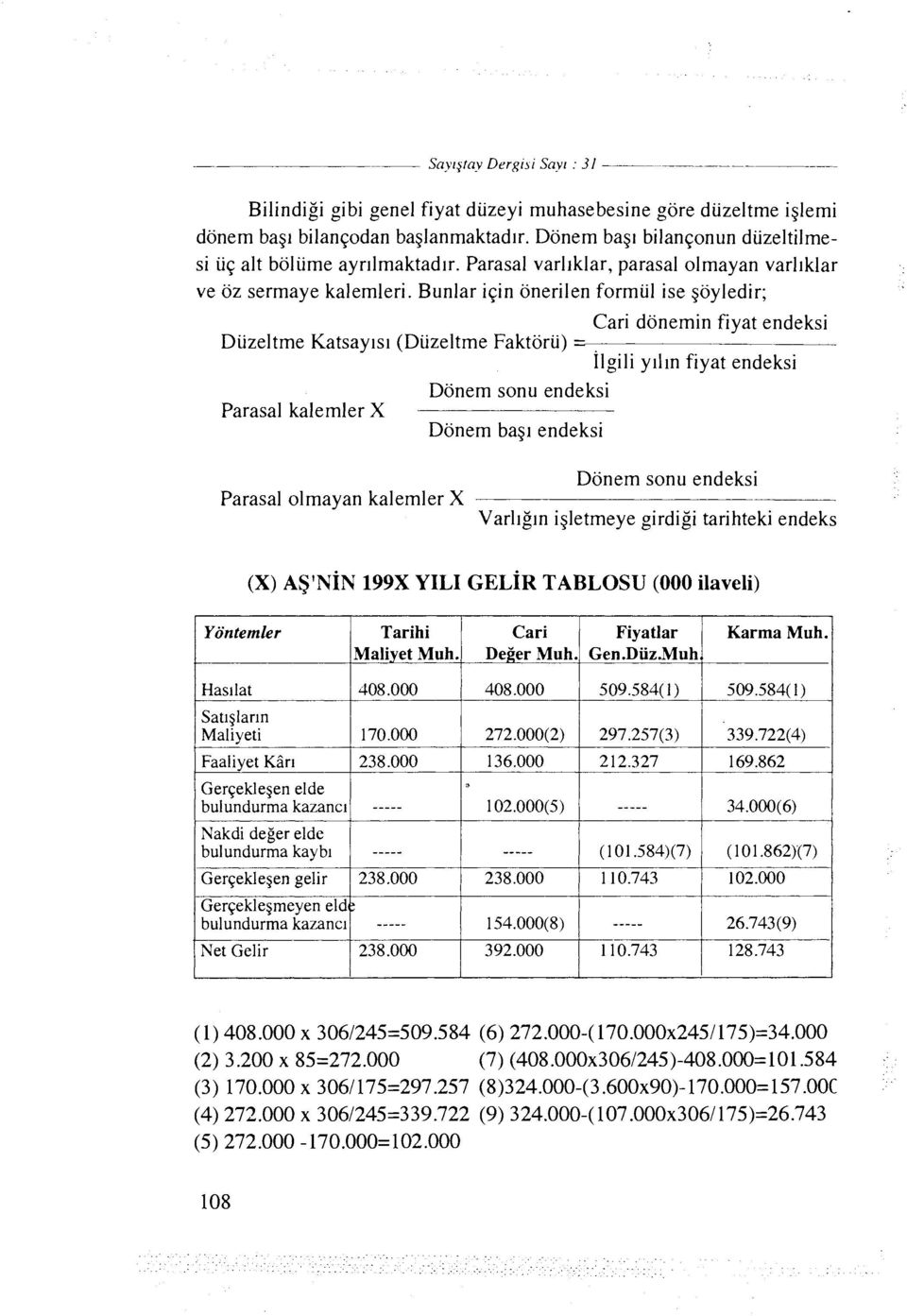 Bunlar iqin onerilen formiil ise goyledir; Cari donemin fiyat endeksi Diizeltme Katsaylsl (Duzeltme Faktoru) - -- Ilgili yllln fiyat endeksi Donem sonu endeksi Parasal kalemler X Donem bag1 endeksi