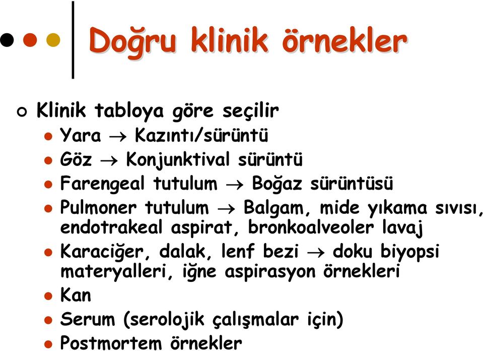 endotrakeal aspirat, bronkoalveoler lavaj Karaciğer, dalak, lenf bezi doku biyopsi