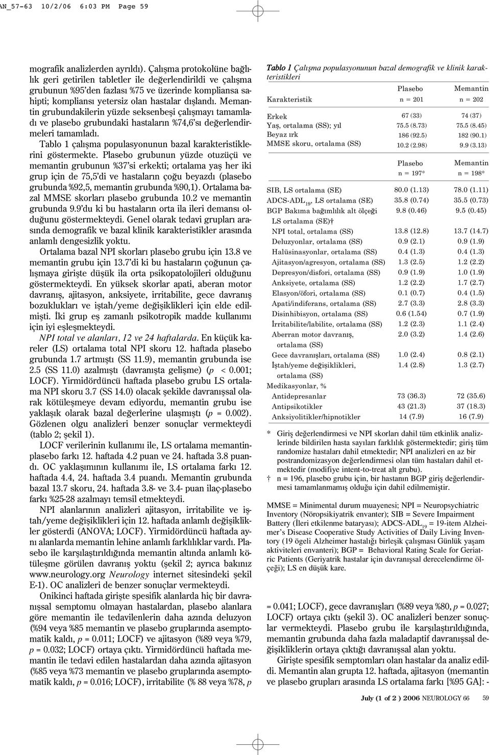 grubundakilerin yüzde seksenbefli çal flmay tamamlad ve plasebo grubundaki hastalar n %74,6 s de erlendirmeleri tamamlad. Tablo 1 çal flma populasyonunun bazal karakteristiklerini göstermekte.