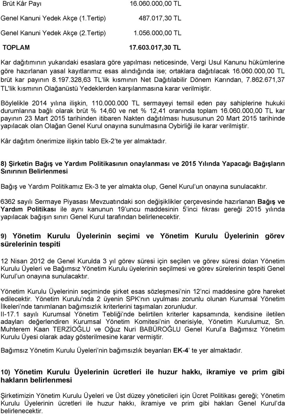 000,00 TL brüt kar payının 8.197.328,63 TL lik kısmının Net Dağıtılabilir Dönem Karından, 7.862.671,37 TL'lik kısmının Olağanüstü Yedeklerden karşılanmasına karar verilmiştir.