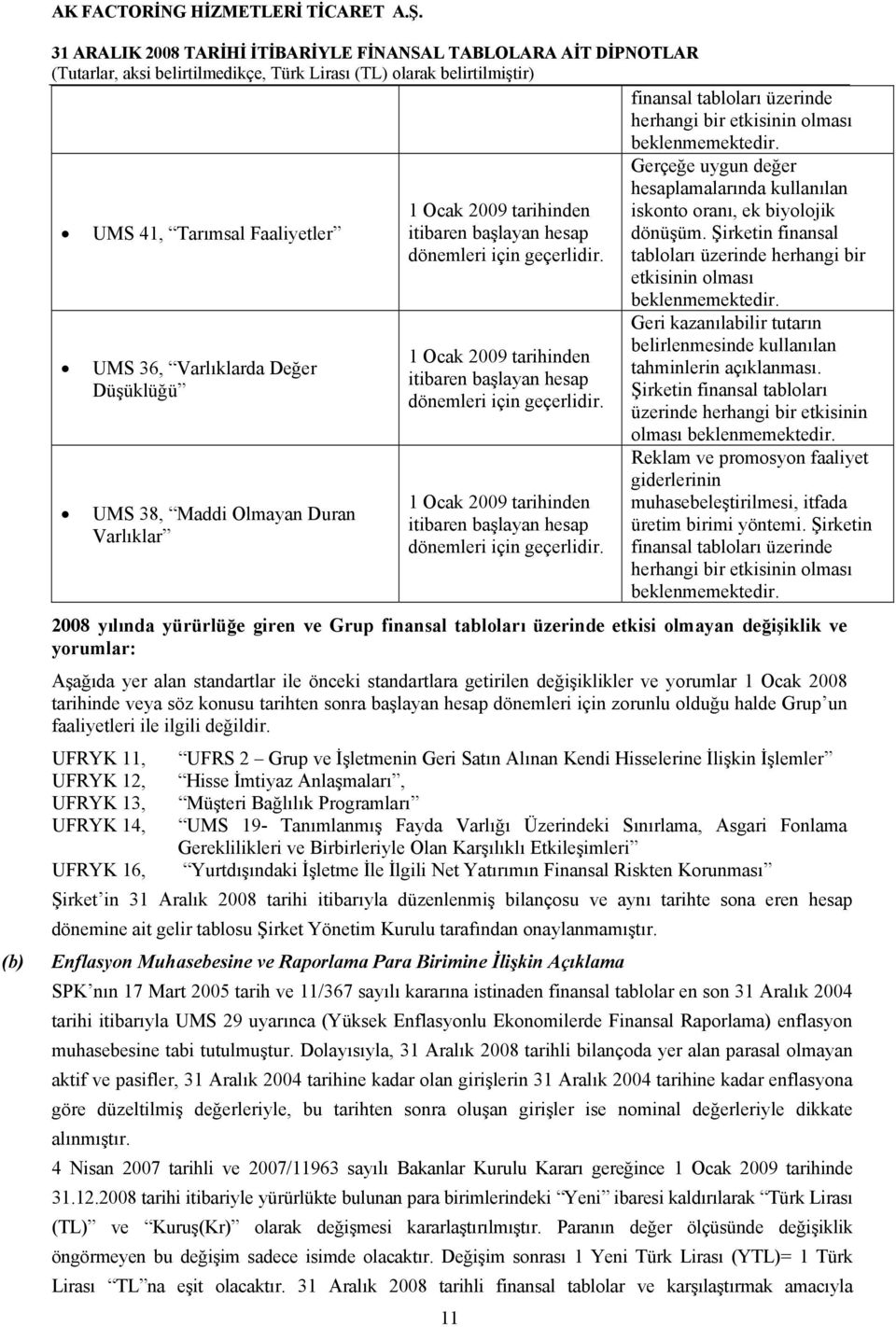 Gerçeğe uygun değer hesaplamalarında kullanılan iskonto oranı, ek biyolojik dönüşüm. Şirketin finansal tabloları üzerinde herhangi bir etkisinin olması beklenmemektedir.