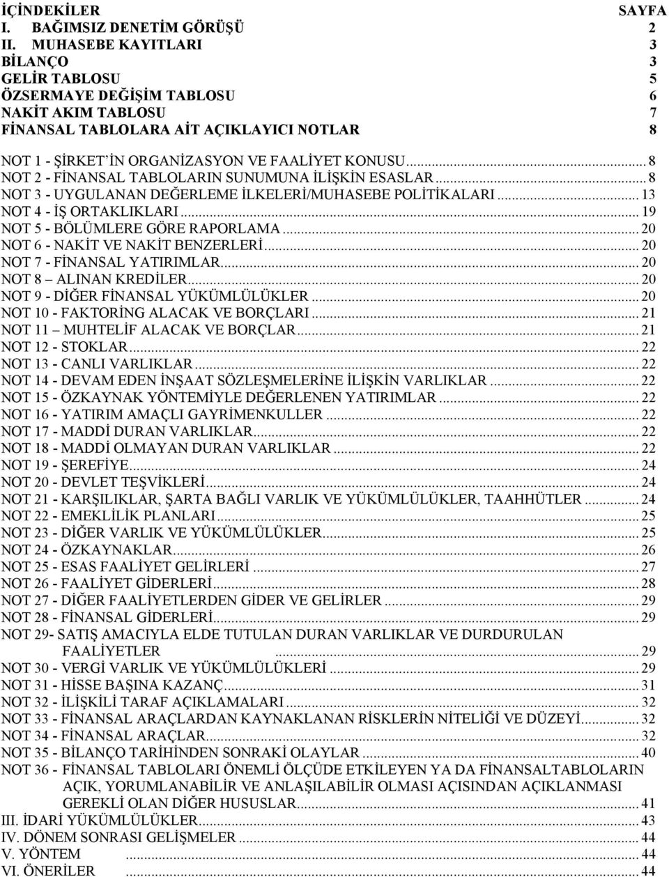 .. 8 NOT 2 - FİNANSAL TABLOLARIN SUNUMUNA İLİŞKİN ESASLAR... 8 NOT 3 - UYGULANAN DEĞERLEME İLKELERİ/MUHASEBE POLİTİKALARI... 13 NOT 4 - İŞ ORTAKLIKLARI... 19 NOT 5 - BÖLÜMLERE GÖRE RAPORLAMA.