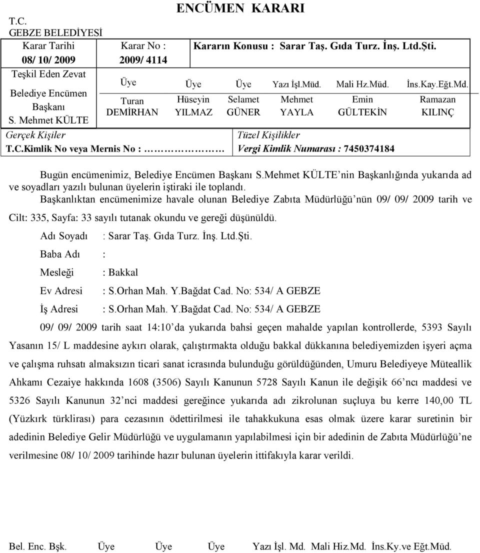 Adı Soyadı Baba Adı : Mesleği Ev Adresi ĠĢ Adresi : Sarar TaĢ. Gıda Turz. ĠnĢ. Ltd.ġti. : Bakkal : S.Orhan Mah. Y.Bağdat Cad.