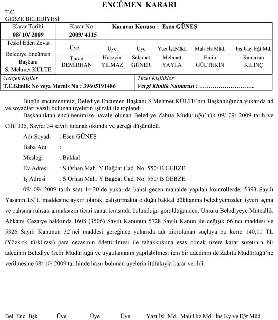 Adı Soyadı Baba Adı : Mesleği Ev Adresi ĠĢ Adresi : Esen GÜNEġ : Bakkal : S.Orhan Mah. Y.Bağdat Cad.