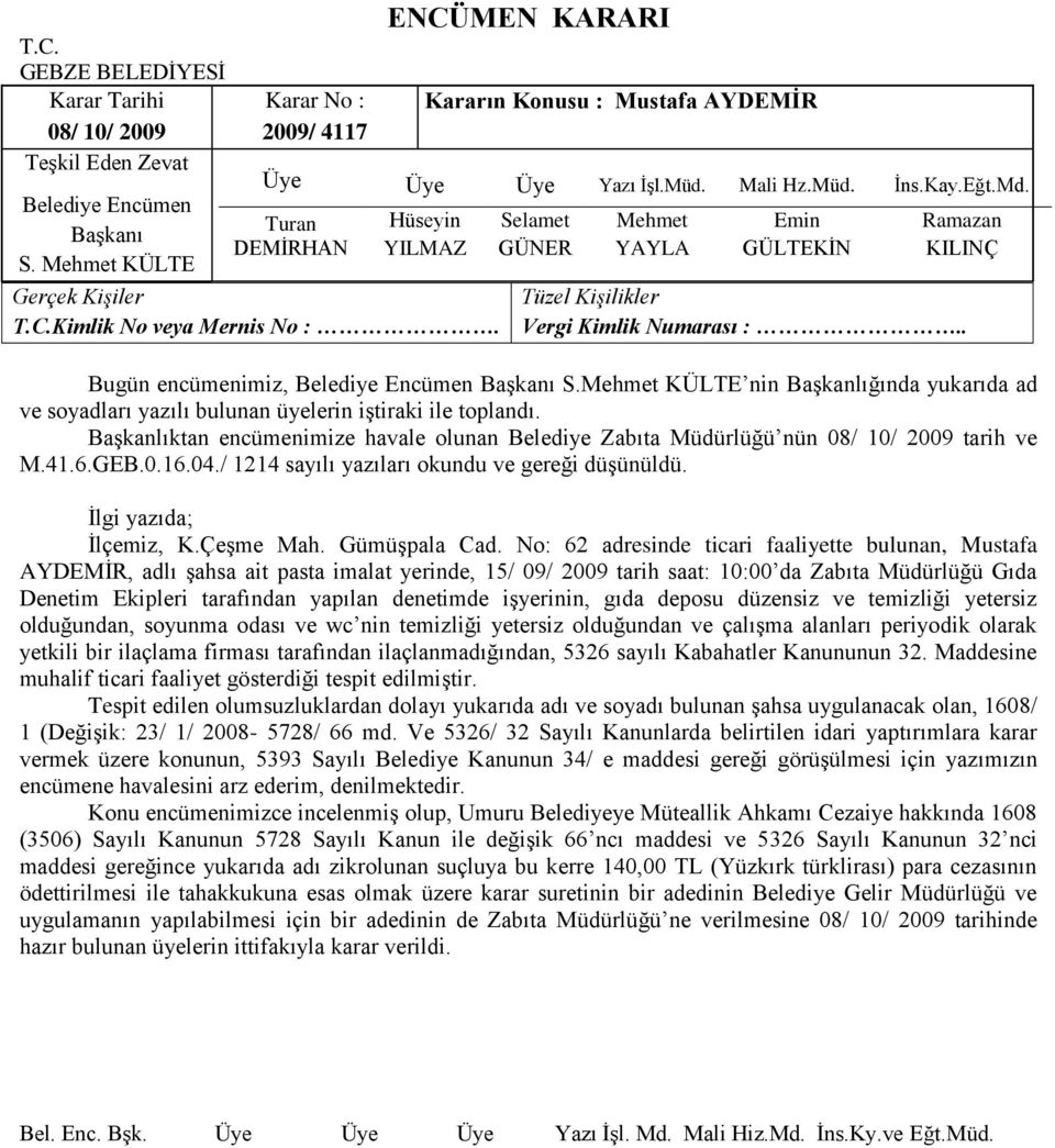 No: 62 adresinde ticari faaliyette bulunan, Mustafa AYDEMĠR, adlı Ģahsa ait pasta imalat yerinde, 15/ 09/ 2009 tarih saat: 10:00 da Zabıta Müdürlüğü Gıda Denetim Ekipleri tarafından yapılan denetimde