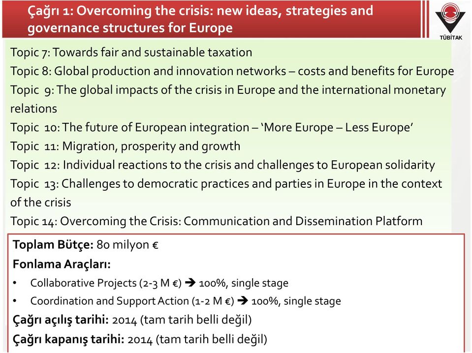 Migration, prosperity and growth Topic 12: Individual reactions to the crisis and challenges to European solidarity Topic 13: Challenges to democratic practices and parties in Europe in the context