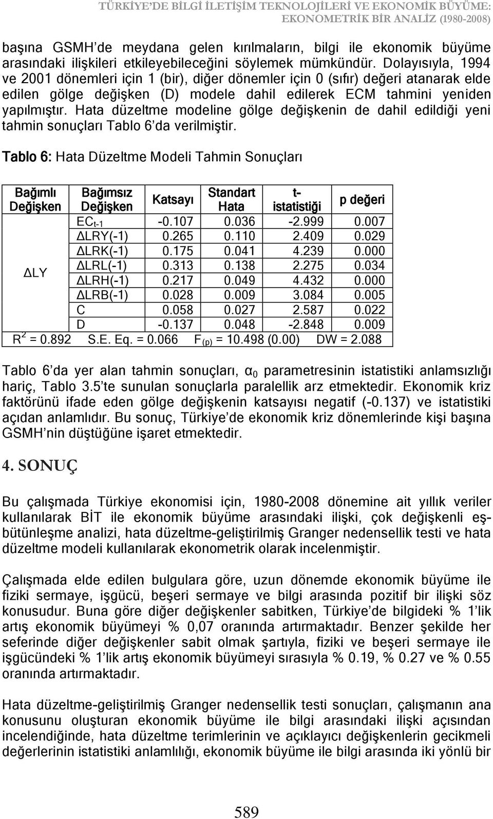 Dolayısıyla, 1994 ve 2001 dönemleri için 1 (bir), diğer dönemler için 0 (sıfır) değeri atanarak elde edilen gölge değiģken (D) modele dahil edilerek ECM tahmini yeniden yapılmıģtır.