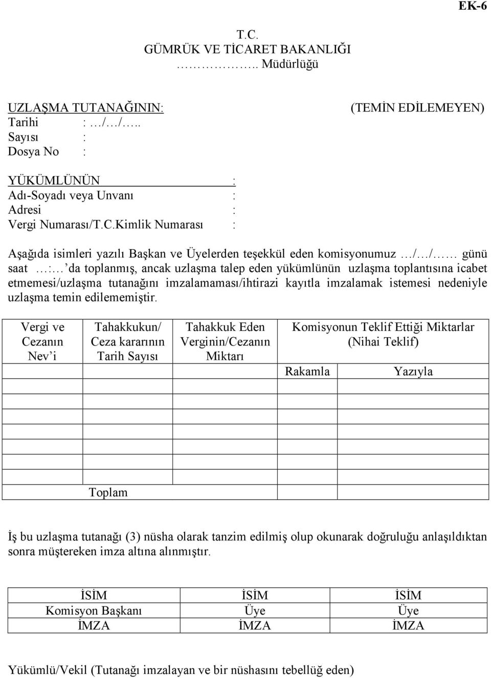 günü saat : da toplanmış, ancak uzlaşma talep eden yükümlünün uzlaşma toplantısına icabet etmemesi/uzlaşma tutanağını imzalamaması/ihtirazi kayıtla imzalamak istemesi nedeniyle uzlaşma temin