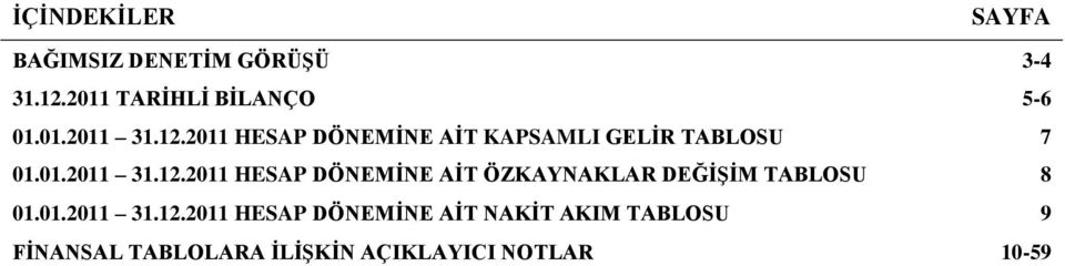 2011 HESAP DÖNEMİNE AİT KAPSAMLI GELİR TABLOSU 7 01.01.2011 31.12.