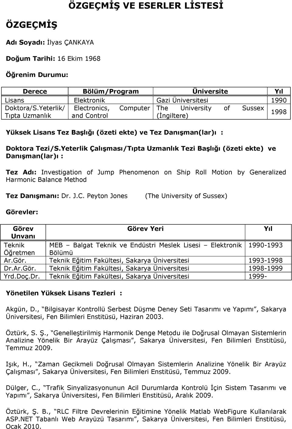 Yeterlik Çalışması/Tıpta Uzmanlık Tezi Başlığı (özeti ekte) ve Danışman(lar)ı : Tez Adı: Investigation of Jump Phenomenon on Ship Roll Motion by Generalized Harmonic Balance Method Tez Danışmanı: Dr.