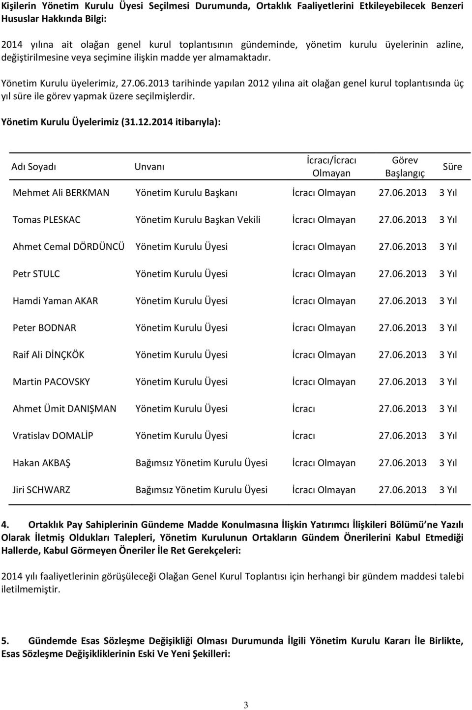 2013 tarihinde yapılan 2012 yılına ait olağan genel kurul toplantısında üç yıl süre ile görev yapmak üzere seçilmişlerdir. Yönetim Kurulu Üyelerimiz (31.12.2014 itibarıyla): Adı Soyadı Unvanı İcracı/İcracı Olmayan Görev Başlangıç Mehmet Ali BERKMAN Yönetim Kurulu Başkanı İcracı Olmayan 27.