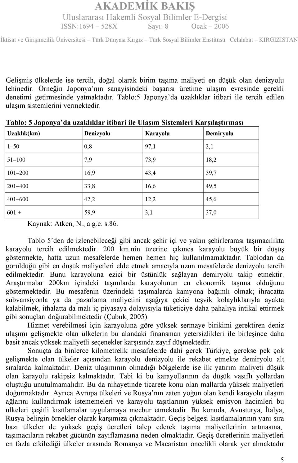 Tablo: 5 Japonya da uzaklıklar itibari ile Ulaşım Sistemleri Karşılaştırması Uzaklık(km) Denizyolu Karayolu Demiryolu 1 50 0,8 97,1 2,1 51 100 7,9 73,9 18,2 101 200 16,9 43,4 39,7 201 400 33,8 16,6