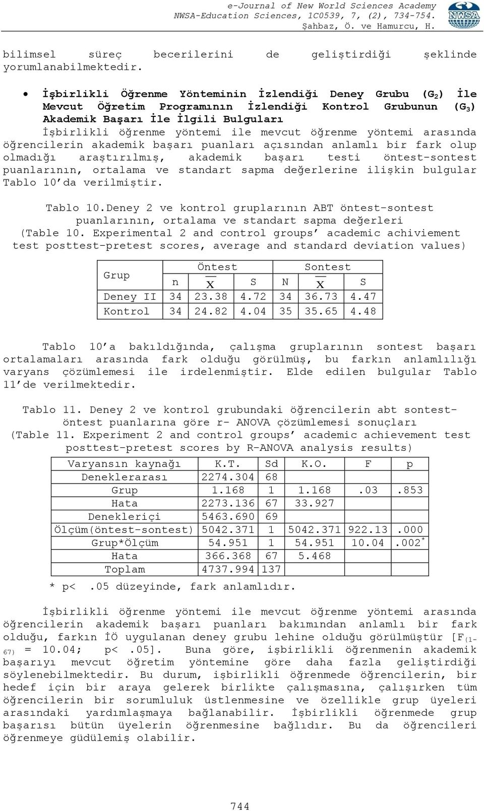 öğrenme yöntemi arasında öğrencilerin akademik başarı puanları açısından anlamlı bir fark olup olmadığı araştırılmış, akademik başarı testi öntest-sontest puanlarının, ortalama ve standart sapma