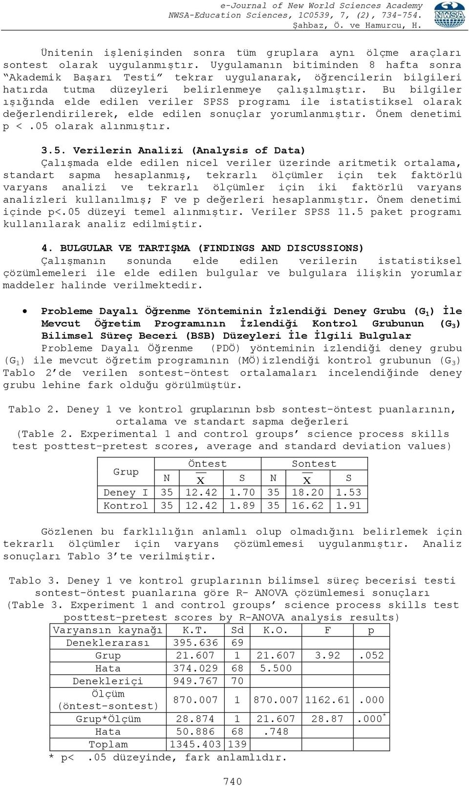 Bu bilgiler ışığında elde edilen veriler SPSS programı ile istatistiksel olarak değerlendirilerek, elde edilen sonuçlar yorumlanmıştır. Önem denetimi p <.05 