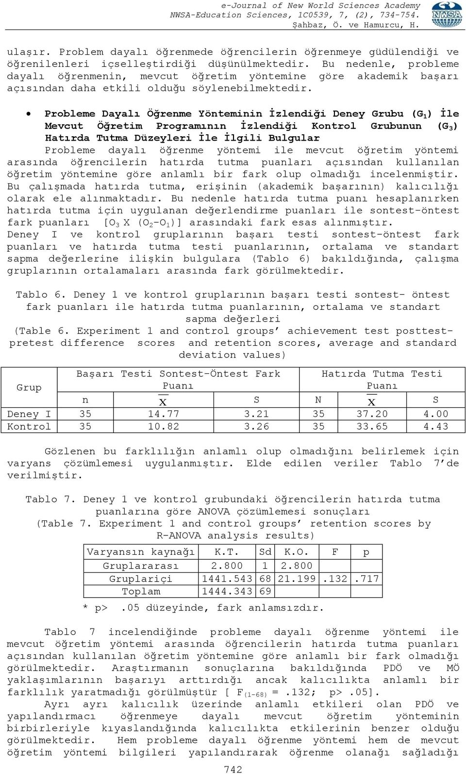 Probleme Dayalı Öğrenme Yönteminin İzlendiği Deney Grubu (G 1 ) İle Mevcut Öğretim Programının İzlendiği Kontrol Grubunun (G 3 ) Hatırda Tutma Düzeyleri İle İlgili Bulgular Probleme dayalı öğrenme