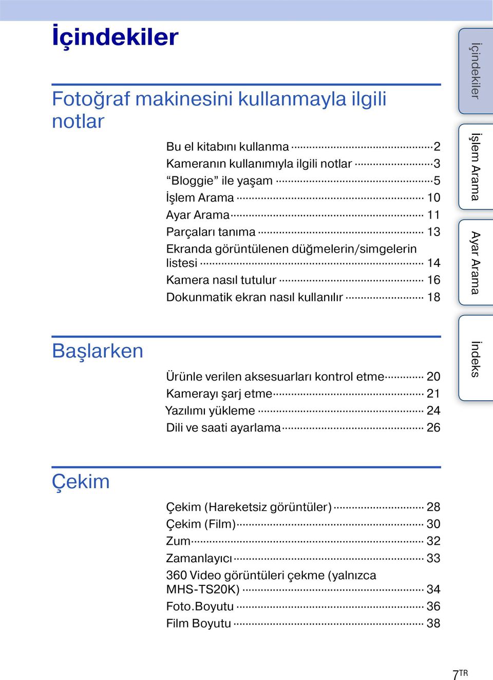 ekran nasıl kullanılır 18 Ürünle verilen aksesuarları kontrol etme 20 Kamerayı şarj etme 21 Yazılımı yükleme 24 Dili ve saati ayarlama 26 Çekim