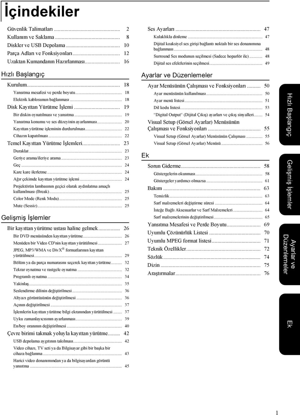 .. 48 Dijital ses efektlerinin seçilmesi... 49 Hızlı Başlangıç Kurulum... 18 Yansıtma mesafesi ve perde boyutu... 18 Elektrik kablosunun bağlanması... 18 Disk Kayıttan Yürütme İşlemi.
