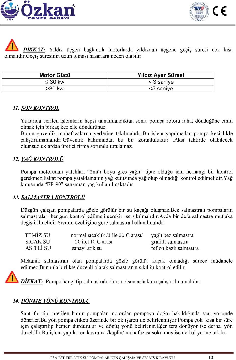 SON KONTROL Yukarıda verilen işlemlerin hepsi tamamlandıktan sonra pompa rotoru rahat döndüğüne emin olmak için birkaç kez elle döndürünüz. Bütün güvenlik muhafazalarını yerlerine takılmalıdır.