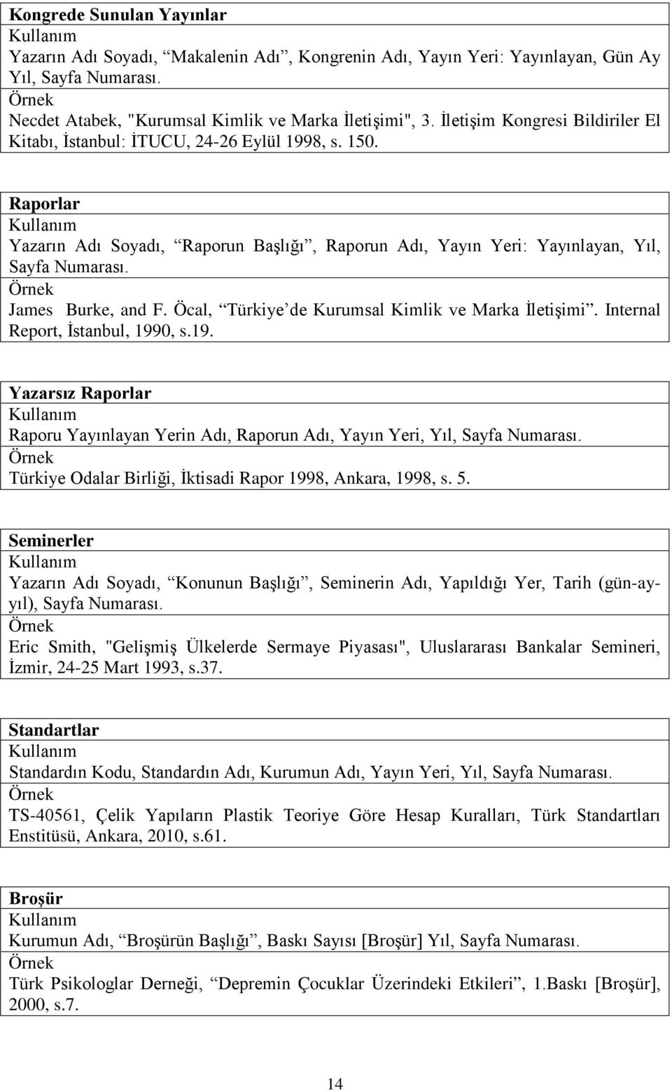 James Burke, and F. Öcal, Türkiye de Kurumsal Kimlik ve Marka İletişimi. Internal Report, İstanbul, 1990, s.19. Yazarsız Raporlar Raporu Yayınlayan Yerin Adı, Raporun Adı, Yayın Yeri, Yıl, Sayfa Numarası.