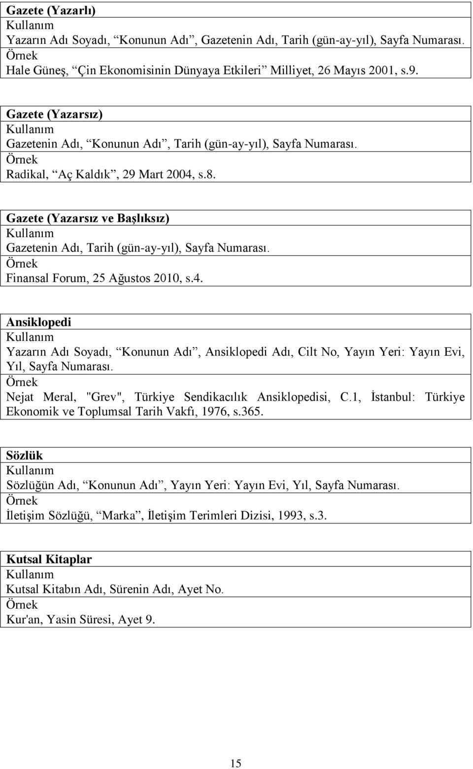 Gazete (Yazarsız ve Başlıksız) Gazetenin Adı, Tarih (gün-ay-yıl), Sayfa Numarası. Finansal Forum, 25 Ağustos 2010, s.4.