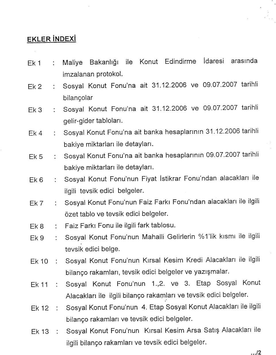 Ek 5 : Sosyal Konut Fonu'na ait banka hesaplarının 09.07.2007 tarihli bakiye miktarları ile detayları.