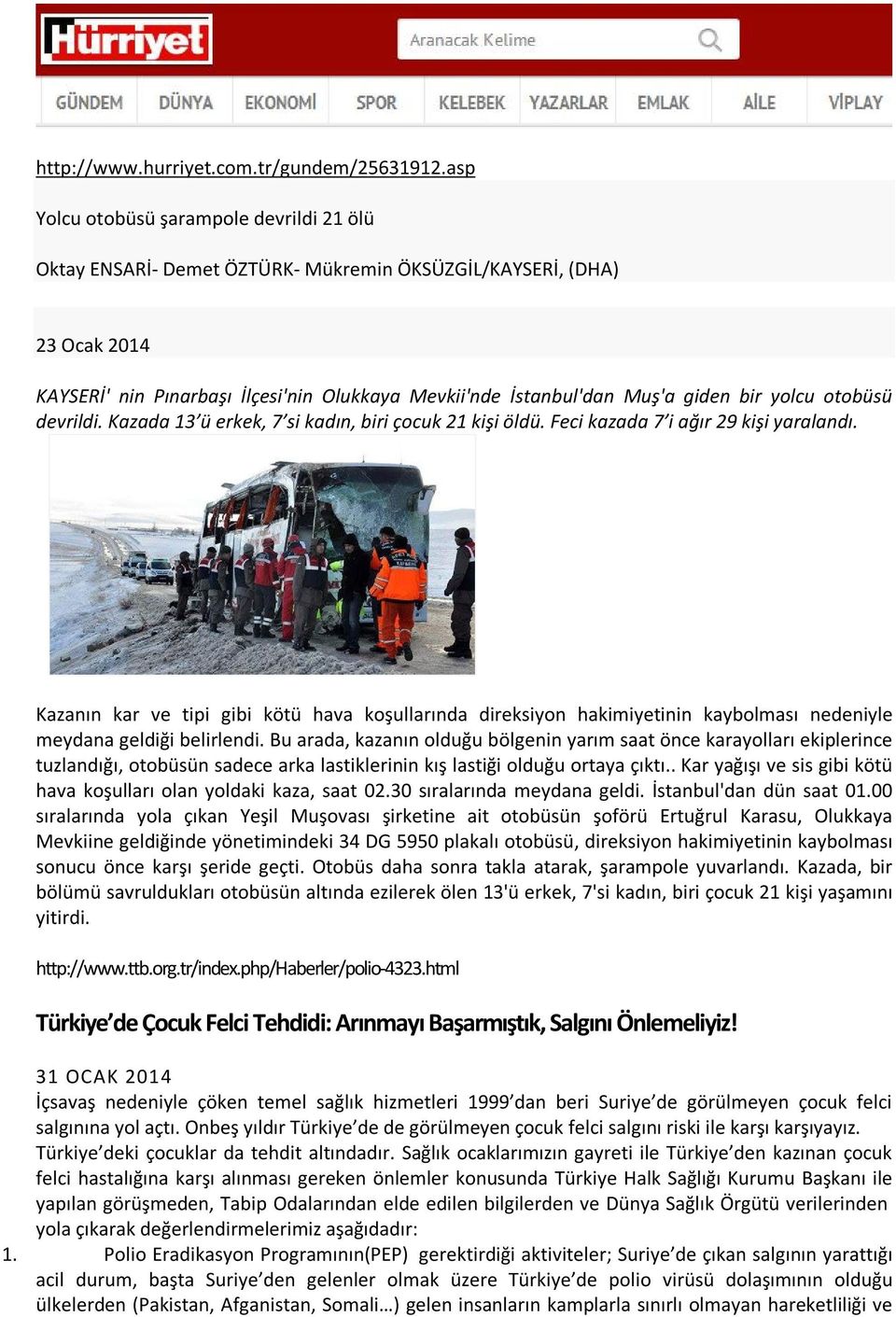 bir yolcu otobüsü devrildi. Kazada 13 ü erkek, 7 si kadın, biri çocuk 21 kişi öldü. Feci kazada 7 i ağır 29 kişi yaralandı.