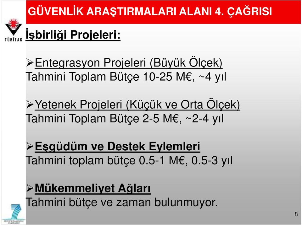 Bütçe 10-25 M, ~4 yıl Yetenek Projeleri (Küçük ve Orta Ölçek) Tahmini Toplam Bütçe