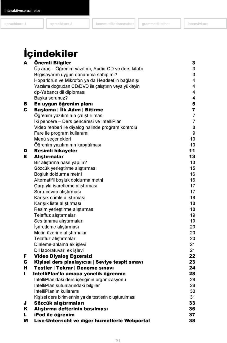 4 B En uygun öğrenim planı 5 C Başlama İlk Adım Bitirme 7 Öğrenim yazılımının çalıştırılması 7 İki pencere Ders penceresi ve IntelliPlan 7 Video rehberi ile diyalog halinde program kontrolü 8 Fare