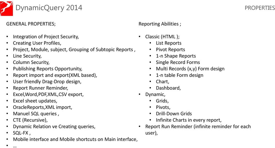 design User friendly Drag-Drop design, Report Runner Reminder, Excel,Word,PDF,XML,CSV export, Excel sheet updates, OracleReports,XML import, Chart, Dashboard, Dynamic, Grids, Pivots, Manuel SQL