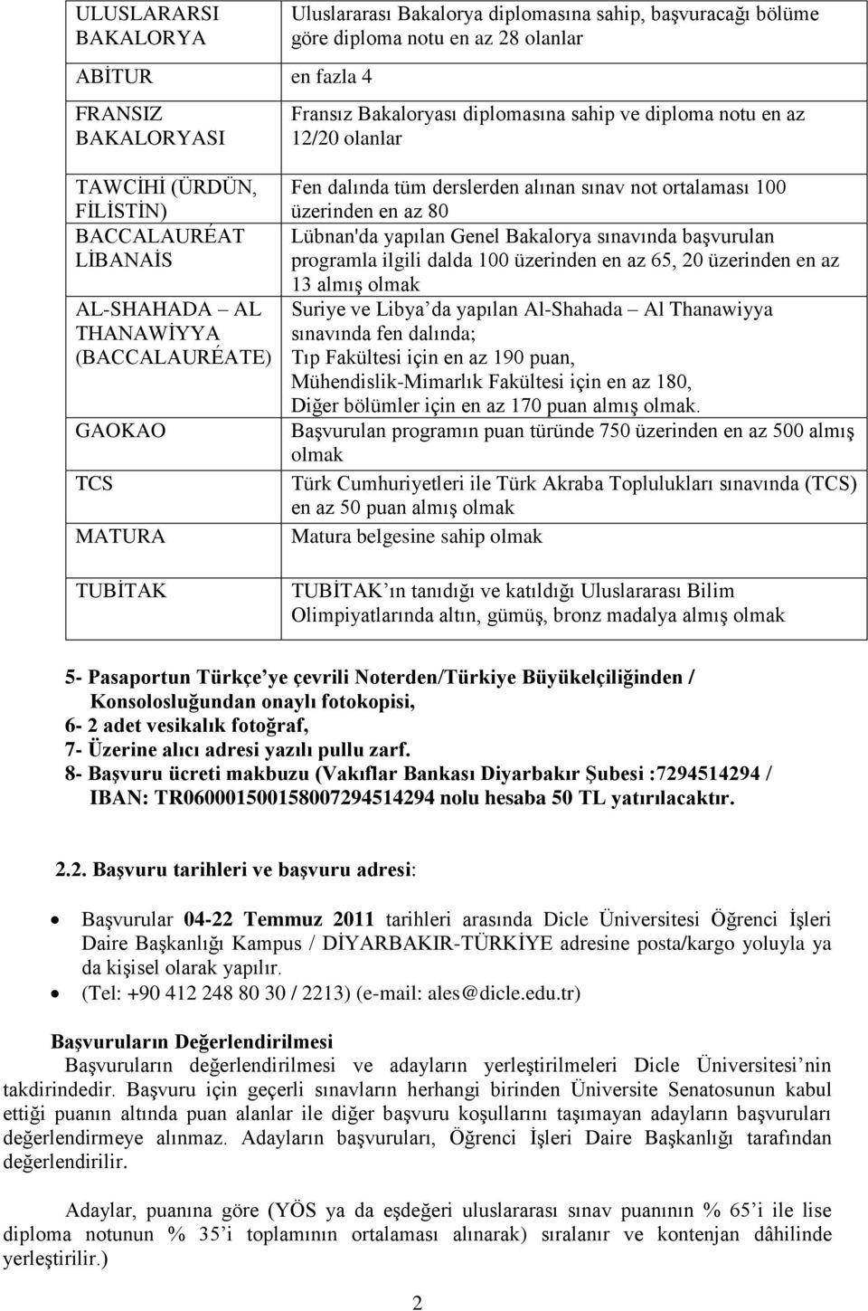 ortalaması 100 üzerinden en az 80 Lübnan'da yapılan Genel Bakalorya sınavında başvurulan programla ilgili dalda 100 üzerinden en az 65, 20 üzerinden en az 13 almış olmak Suriye ve Libya da yapılan