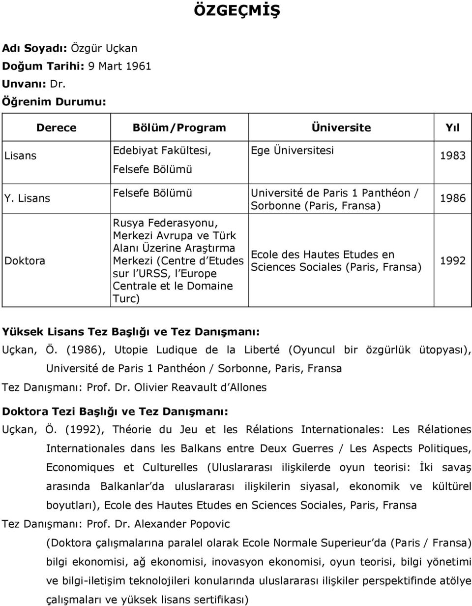 Centrale et le Domaine Turc) Ecole des Hautes Etudes en Sciences Sociales (Paris, Fransa) 1986 1992 Yüksek Lisans Tez BaĢlığı ve Tez DanıĢmanı: Uçkan, Ö.