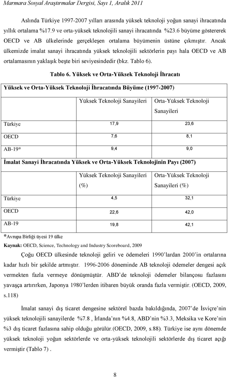 Ancak ülkemizde imalat sanayi ihracatında yüksek teknolojili sektörlerin payı hala OECD ve AB ortalamasının yaklaşık beşte biri seviyesindedir (bkz. Tablo 6)