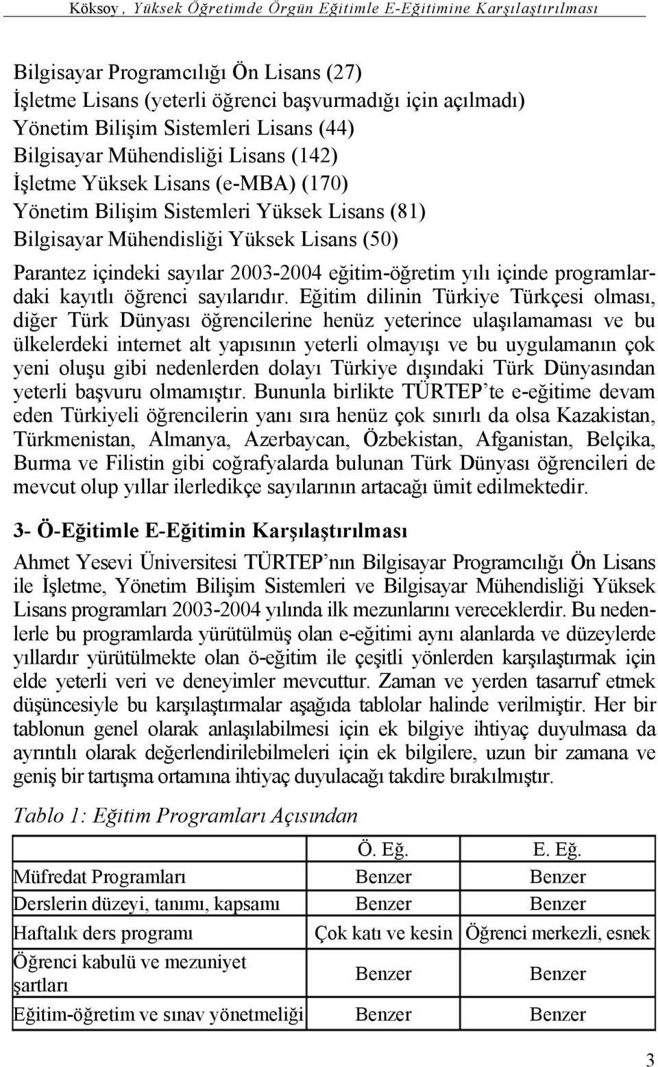 2003-2004 eğitim-öğretim yılı içinde programlardaki kayıtlı öğrenci sayılarıdır.