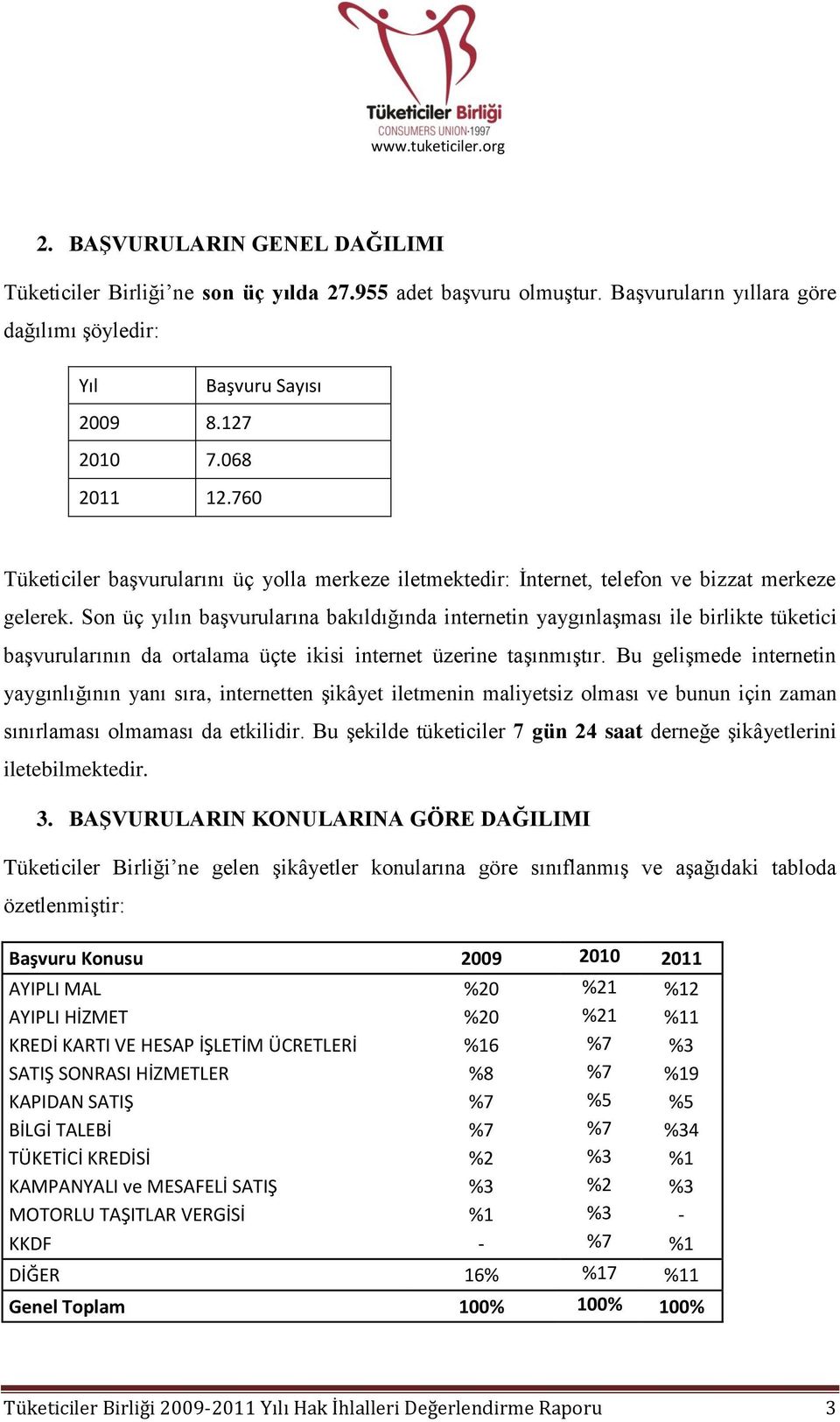 Son üç yılın başvurularına bakıldığında internetin yaygınlaşması ile birlikte tüketici başvurularının da ortalama üçte ikisi internet üzerine taşınmıştır.