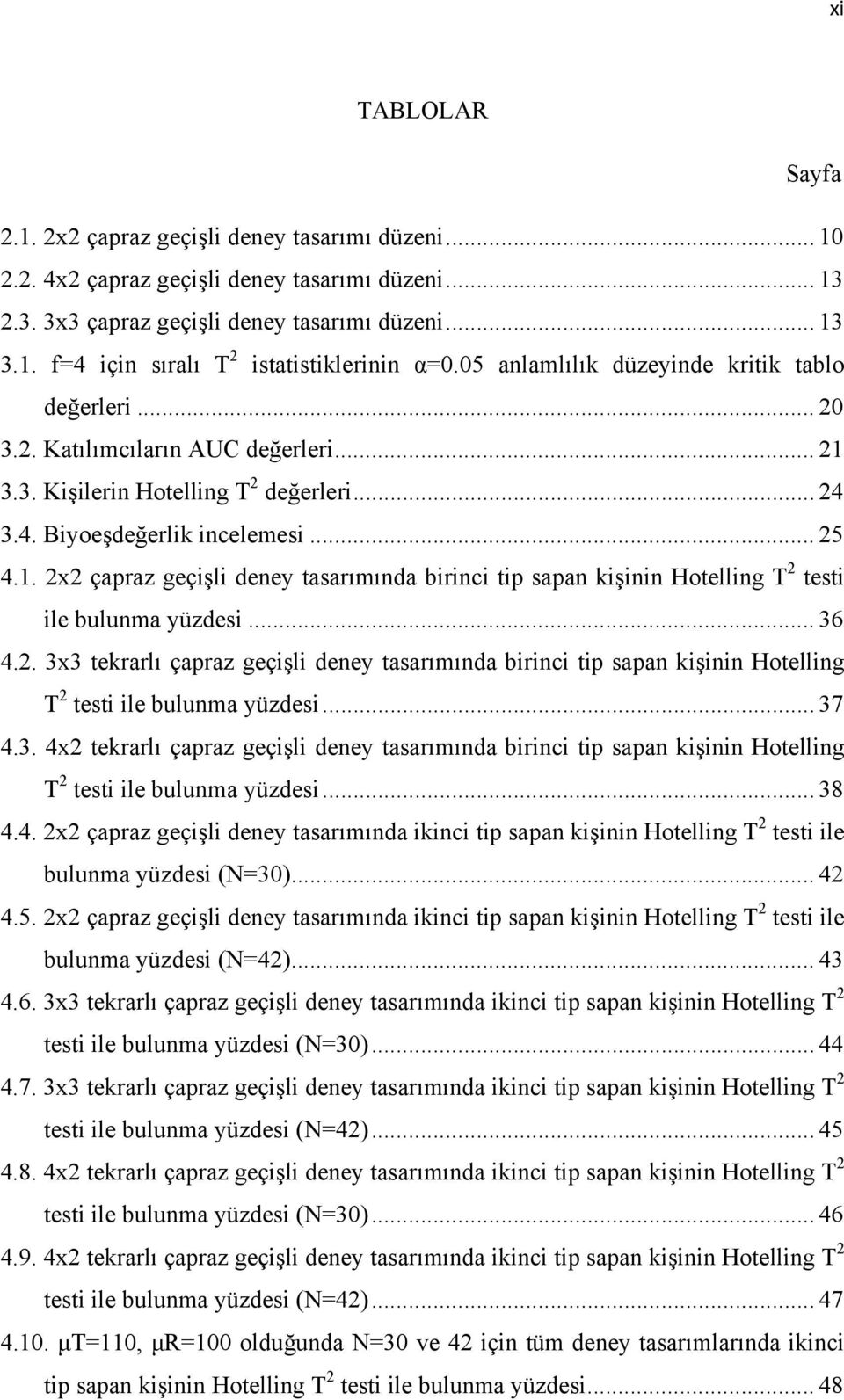 .. 36 4.2. 3x3 tekrarlı çapraz geçişli deney tasarımında birinci tip sapan kişinin Hotelling T 2 testi ile bulunma yüzdesi... 37 4.3. 4x2 tekrarlı çapraz geçişli deney tasarımında birinci tip sapan kişinin Hotelling T 2 testi ile bulunma yüzdesi.