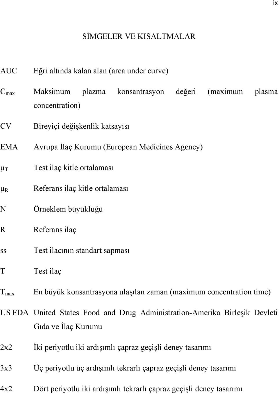 sapması Test ilaç En büyük konsantrasyona ulaşılan zaman (maximum concentration time) US FDA United States Food and Drug Administration-Amerika Birleşik Devleti Gıda ve İlaç Kurumu 2x2 3x3