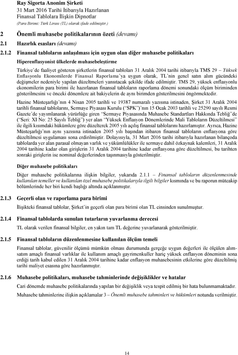 2 Finansal tabloların anlaşılması için uygun olan diğer muhasebe politikaları Hiperenflasyonist ülkelerde muhasebeleştirme Türkiye de faaliyet gösteren şirketlerin finansal tabloları 31 Aralık 2004