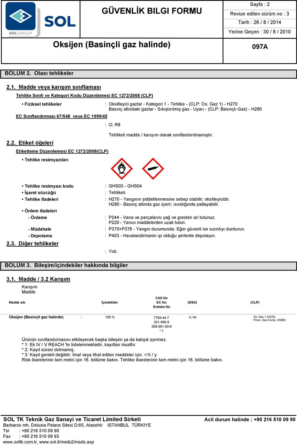 (CLP: Ox. Gaz 1) - H270 Basınç altındaki gazlar - Sıkıştırılmış gaz - Uyarı - (CLP: Basınçlı Gaz) - H280 : O; R8 Tehlikeli madde / karışım olarak sınıflandırılmamıştır.