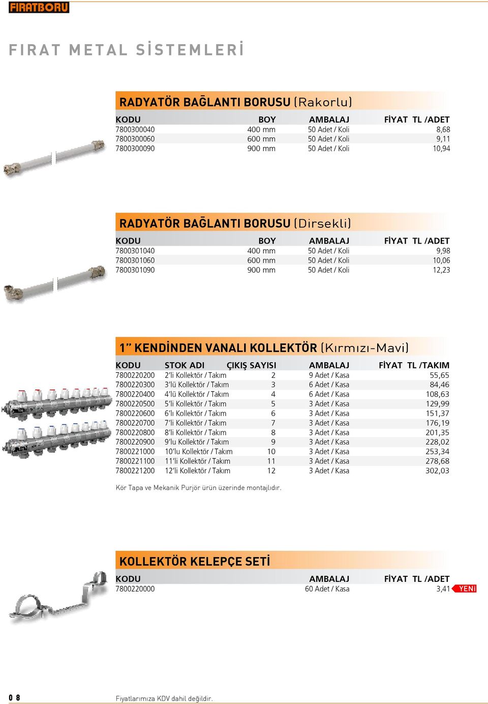 NDEN VANALI KOLLEKTÖR (Kırmızı-Mavi) KODU STOK ADI ÇIKIfi SAYISI AMBALAJ F YAT TL /TAKIM 7800220200 2 li Kollektör / Tak m 2 9 Adet / Kasa 55,65 7800220300 3 lü Kollektör / Tak m 3 6 Adet / Kasa